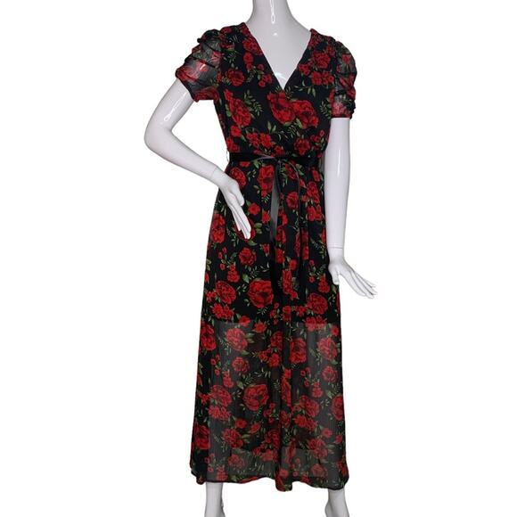 Disney Pixar Coco Sheer Floral Print Dress Black Red Green Short Sleeve … - Picture 1 of 9